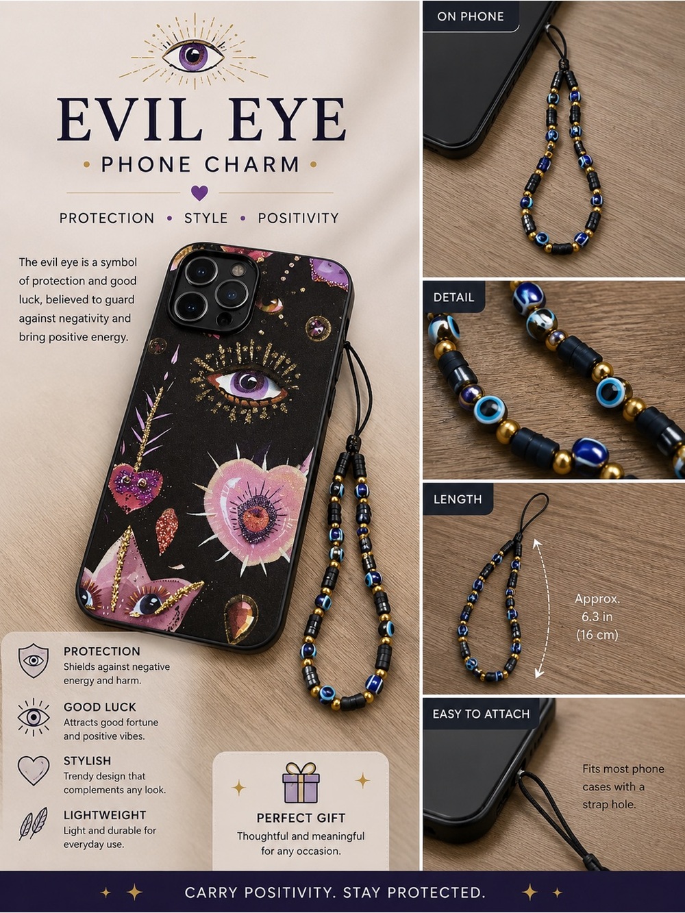Evil Eye Phone Charm Strap - Black & Blue Beaded Cell Phone  iphone13 pro max
